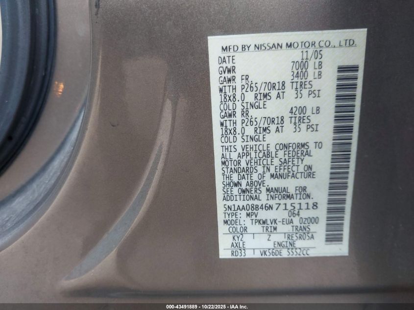 2006 Nissan Armada Le VIN: 5N1AA08B46N715118 Lot: 43491889