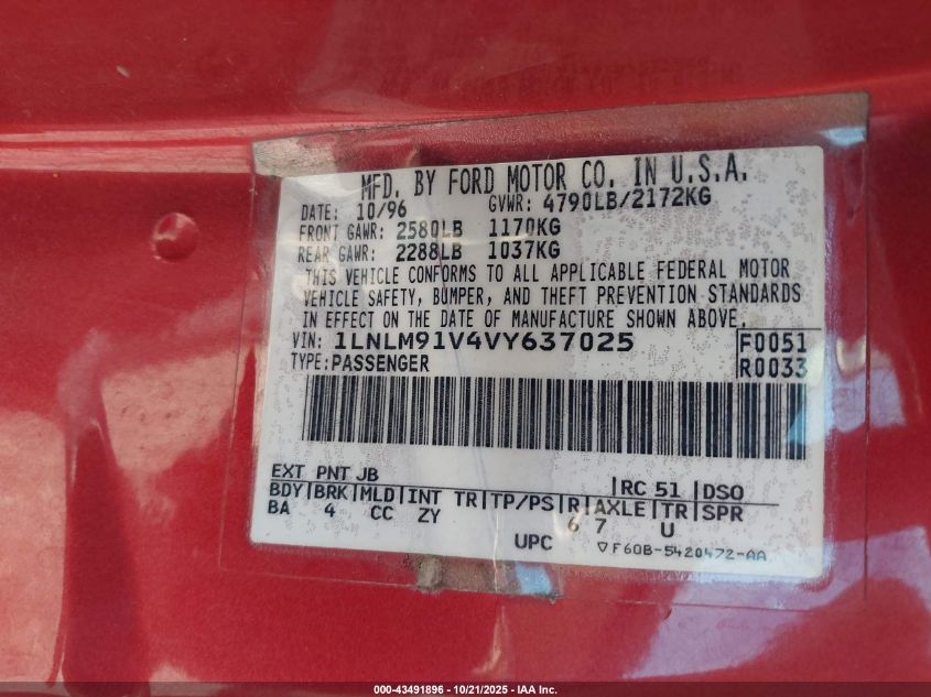 1997 Lincoln Mark Viii VIN: 1LNLM91V4VY637025 Lot: 43491896