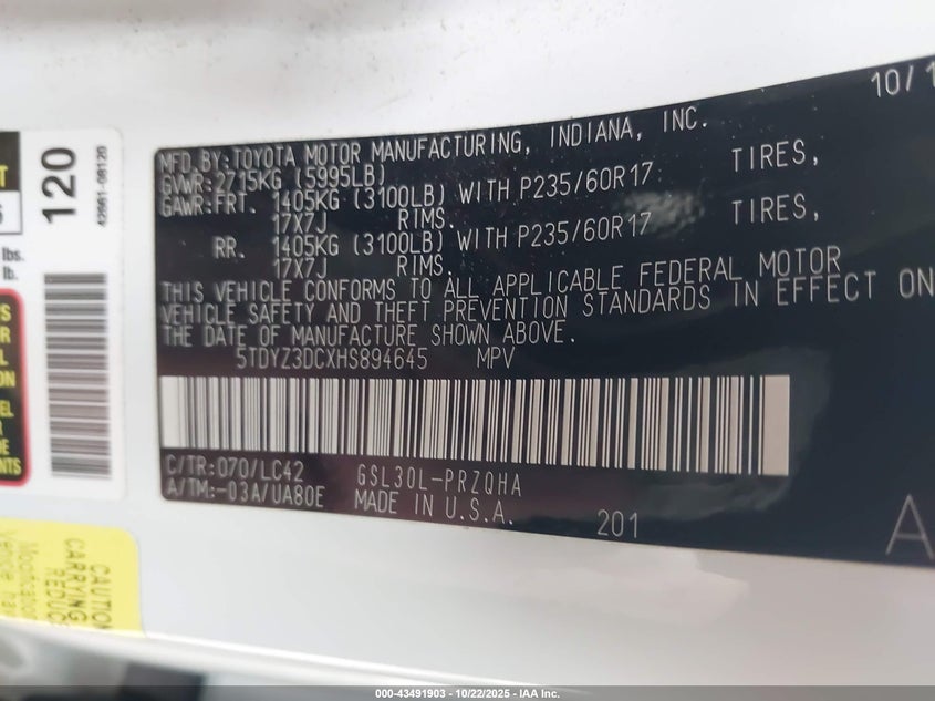 VIN 5TDYZ3DCXHS894645 2017 TOYOTA SIENNA XLE 8 PASSENGER