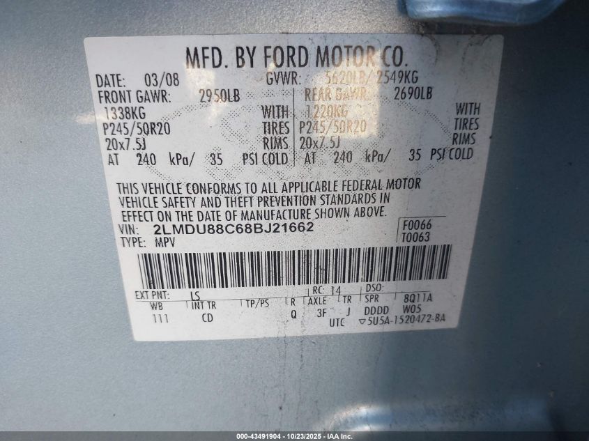 2008 Lincoln Mkx VIN: 2LMDU88C68BJ21662 Lot: 43491904