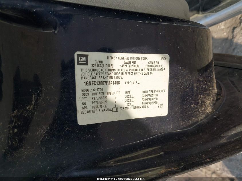 2007 Chevrolet Tahoe Lt VIN: 1GNFC13007R141408 Lot: 43491914