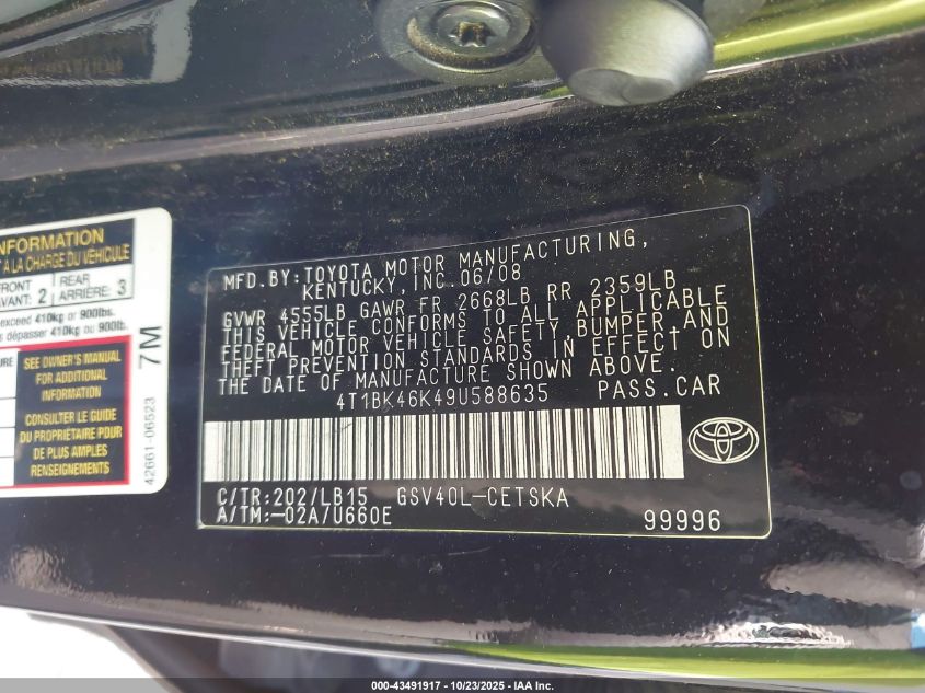 2009 Toyota Camry Se V6 VIN: 4T1BK46K49U588635 Lot: 43491917