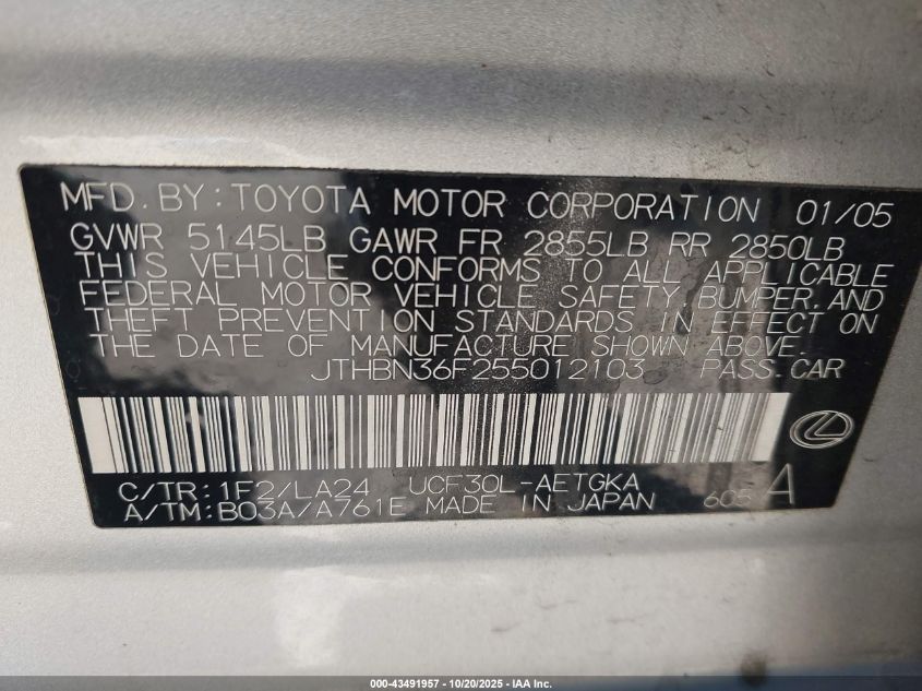 2005 Lexus Ls 430 VIN: JTHBN36F255012103 Lot: 43491957