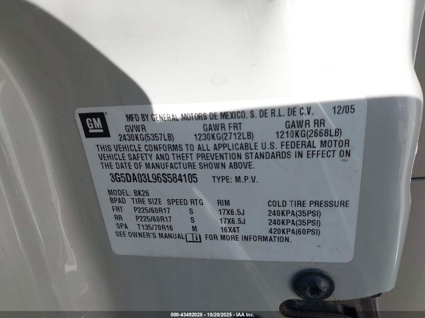 2006 Buick Rendezvous Cx VIN: 3G5DA03L06S5A4105 Lot: 43492028