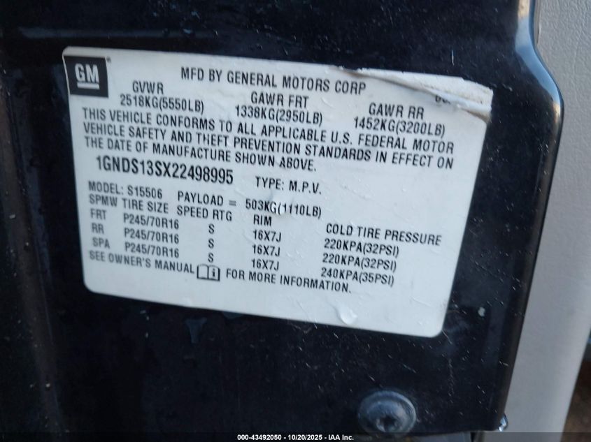 2002 Chevrolet Trailblazer Ls VIN: 1GNDS13SX22498995 Lot: 43492050