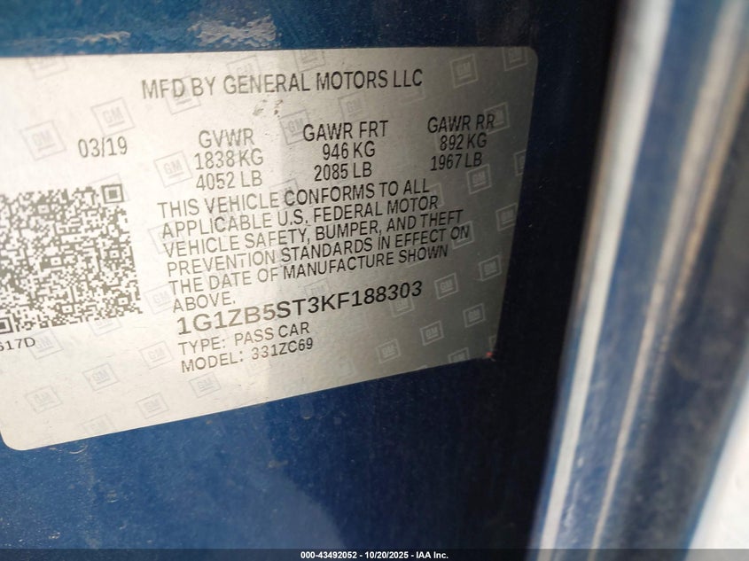 2019 CHEVROLET MALIBU 1LS 1G1ZB5ST3KF188303