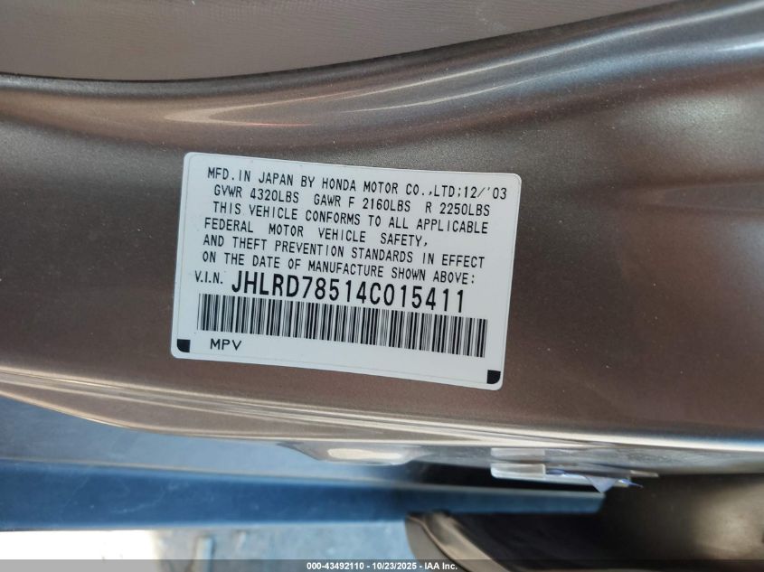 2004 Honda Cr-V Lx VIN: JHLRD78514C015411 Lot: 43492110