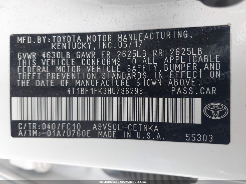 2017 TOYOTA CAMRY LE 4T1BF1FK3HU786298