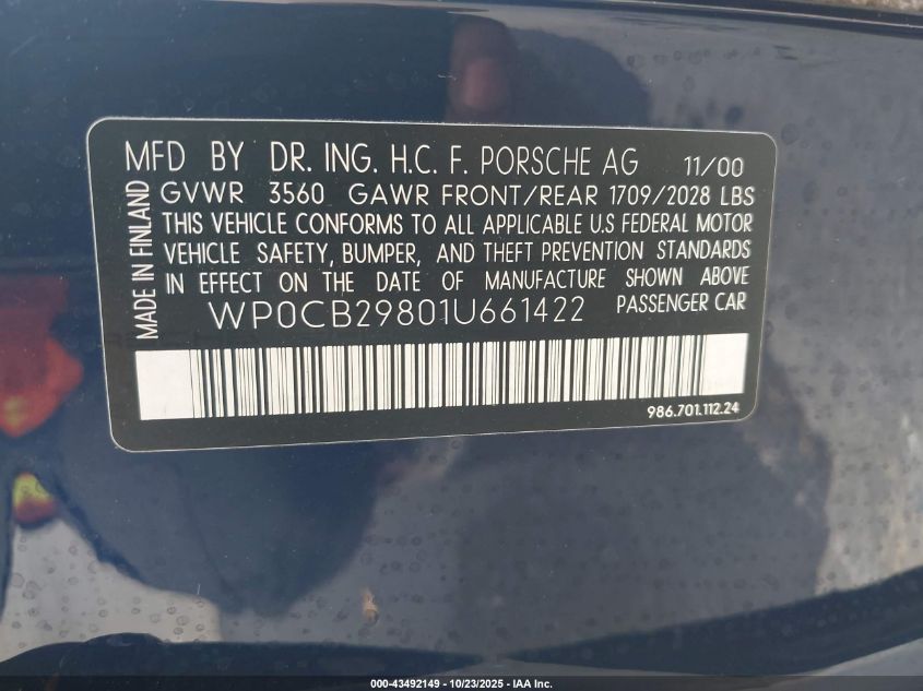 2001 Porsche Boxster S VIN: WP0CB29801U661422 Lot: 43492149