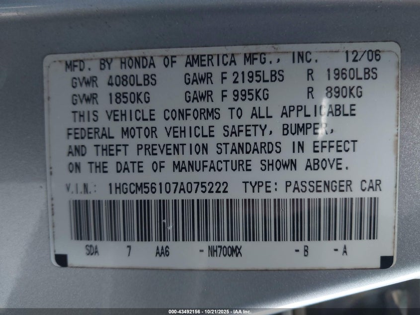 1HGCM56107A075222 2007 HONDA ACCORD photo no. 9