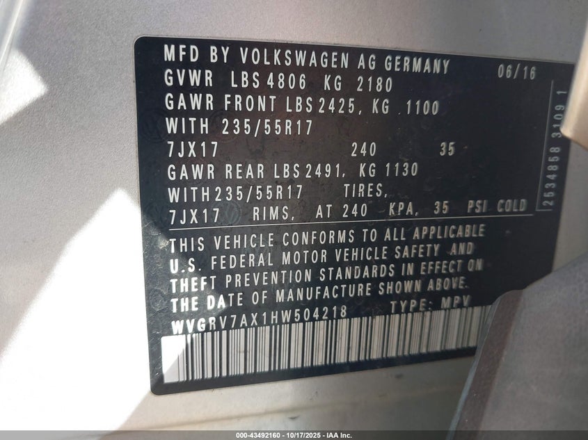 2017 VOLKSWAGEN TIGUAN 2.0T WOLFSBURG EDITION WVGRV7AX1HW504218