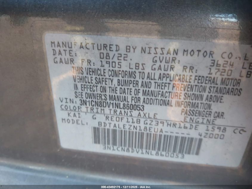 2022 Nissan Versa 1.6 S Xtronic Cvt VIN: 3N1CN8DV1NL860053 Lot: 43492175