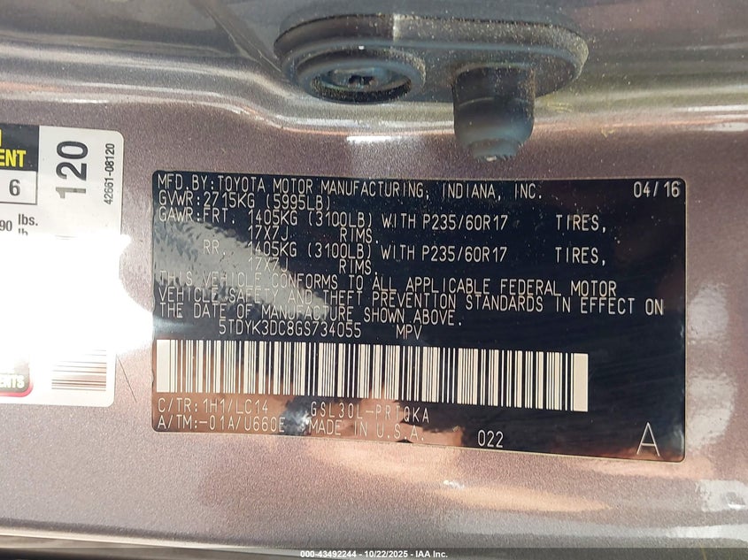 2016 TOYOTA SIENNA XLE PREMIUM 8 PASSENGER 5TDYK3DC8GS734055