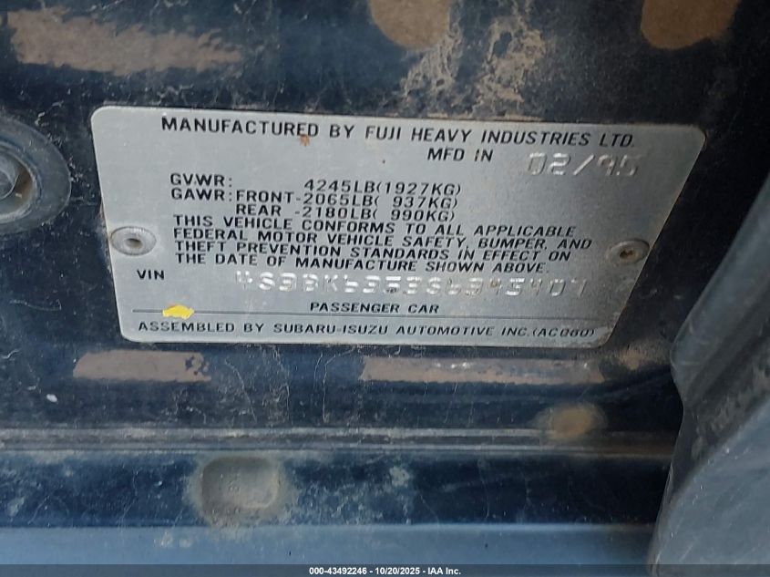 1995 Subaru Legacy L/Outback VIN: 4S3BK6353S6345407 Lot: 43492246