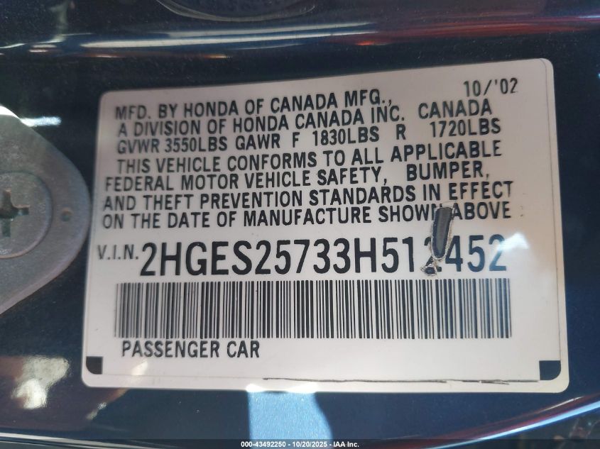 2003 Honda Civic Ex VIN: 2HGES25733H512452 Lot: 43492250
