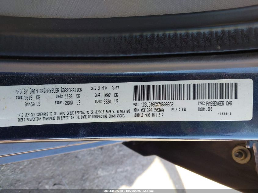 2007 Chrysler Sebring VIN: 1C3LC46KX7N600952 Lot: 43492258