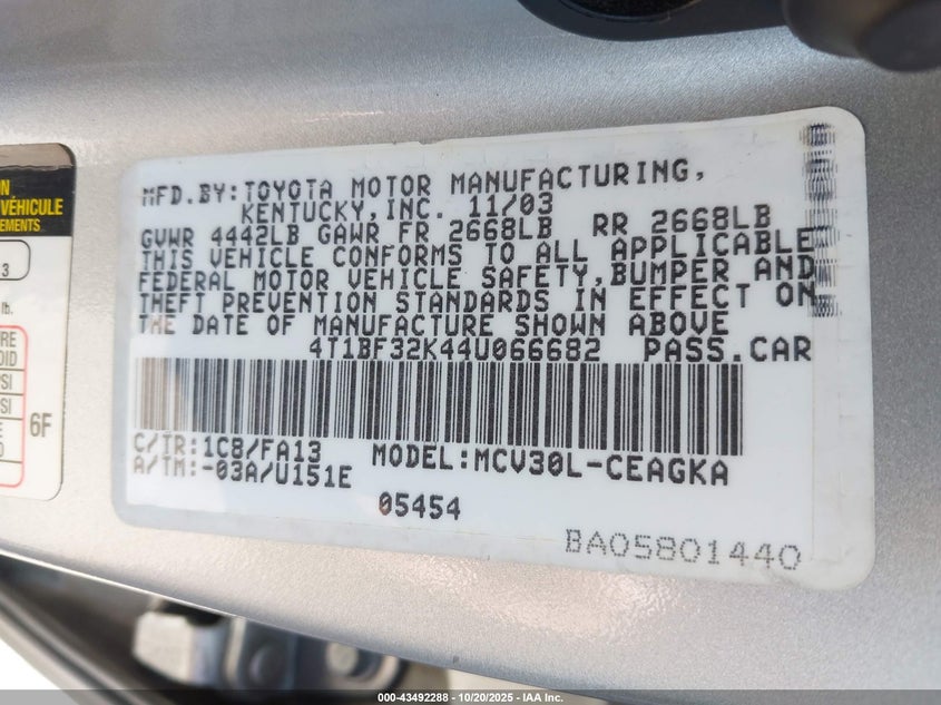 4T1BF32K44U066682 2004 TOYOTA CAMRY photo no. 9