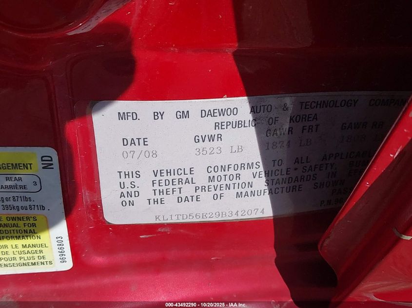 2009 Chevrolet Aveo Lt VIN: KL1TD56E29B342074 Lot: 43492290