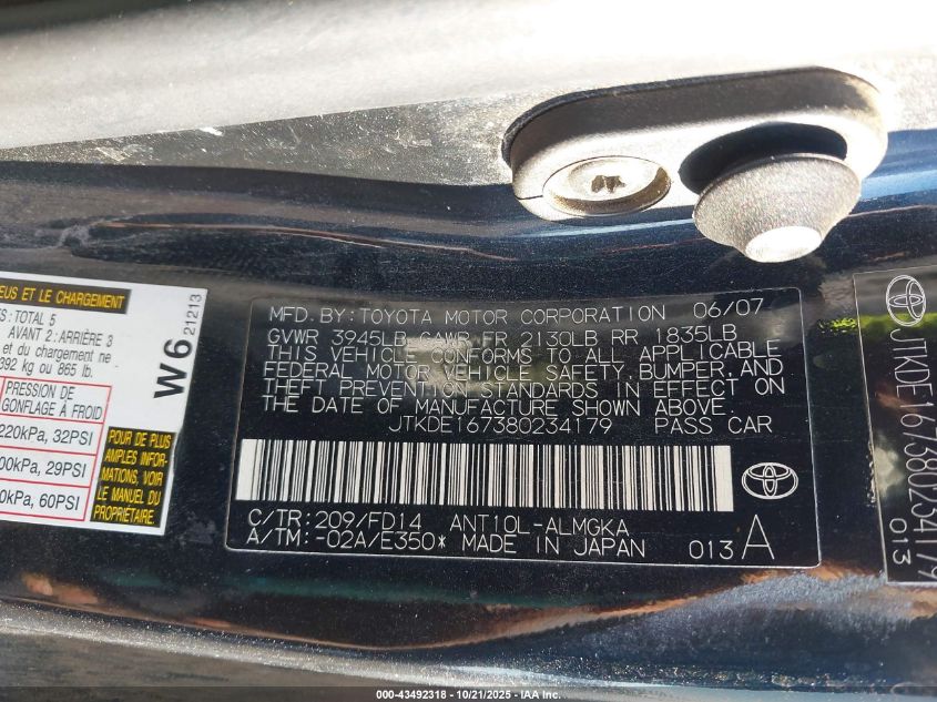 2008 Scion Tc VIN: JTKDE167380234179 Lot: 43492318