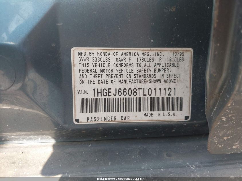 1996 Honda Civic Lx VIN: 1HGEJ6608TL011121 Lot: 43492321