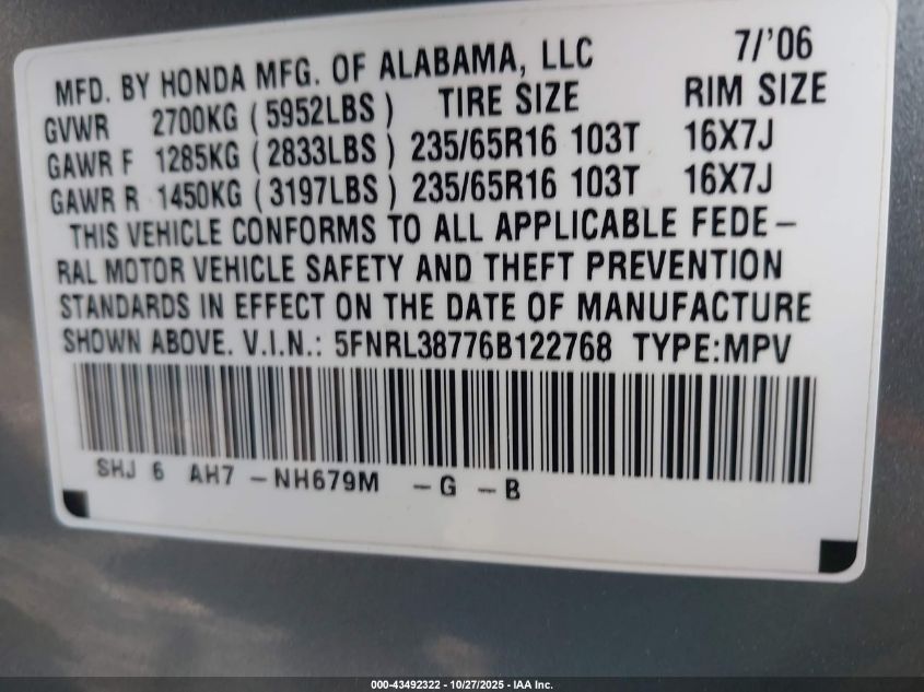 2006 Honda Odyssey Ex-L VIN: 5FNRL38776B122768 Lot: 43492322