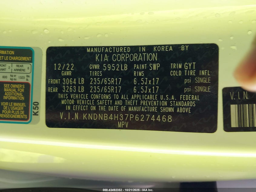 2023 KIA CARNIVAL MPV LX SEAT PACKAGE KNDNB4H37P6274468