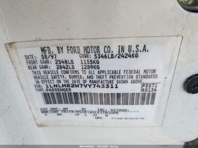 1997 Lincoln Town Car Signature VIN: 1LNLM82W7VY743311 Lot: 43492381