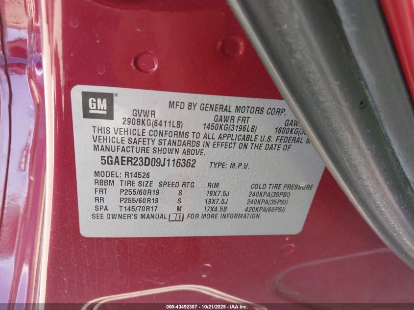 2009 Buick Enclave Cxl VIN: 5GAER23D09J116362 Lot: 43492387