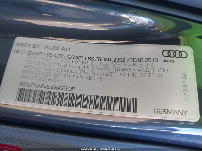 VIN WAUENAF45JN000505 2018 AUDI A4 2.0T PREMIUM/2.0T TECH PREMIUM
