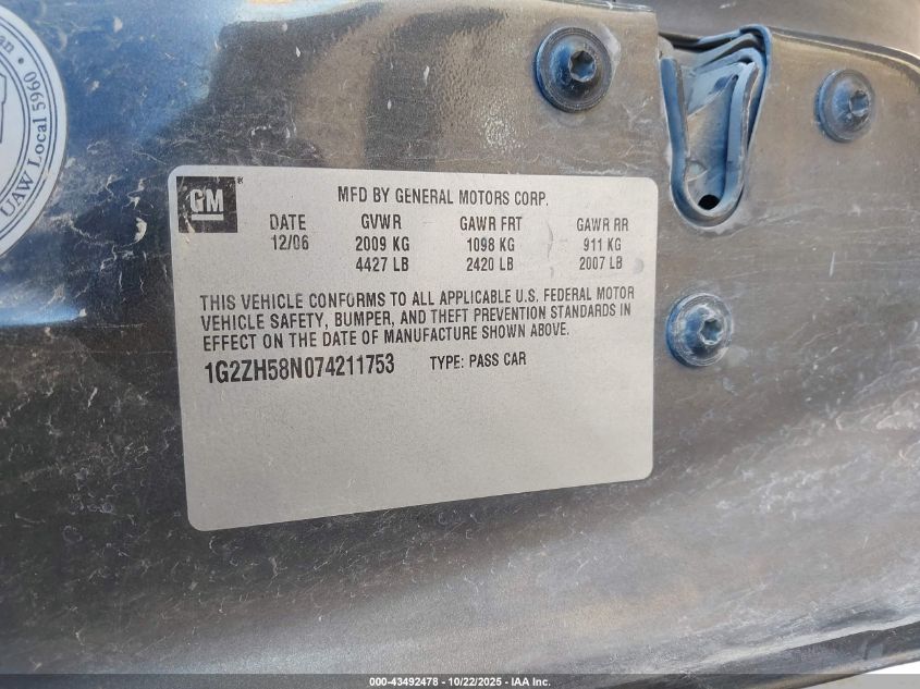 2007 Pontiac G6 Gt VIN: 1G2ZH58N074211753 Lot: 43492478