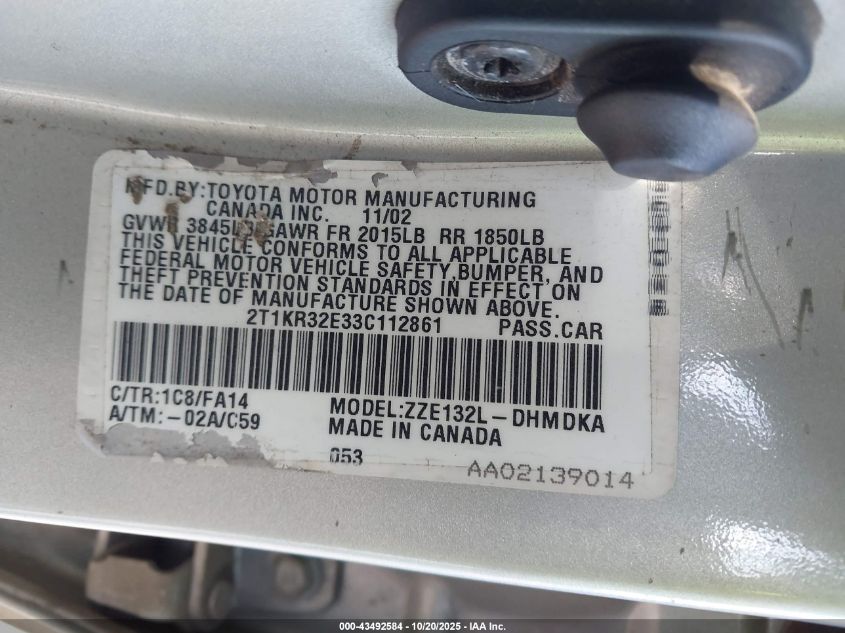 2003 Toyota Matrix Standard VIN: 2T1KR32E33C112861 Lot: 43492584