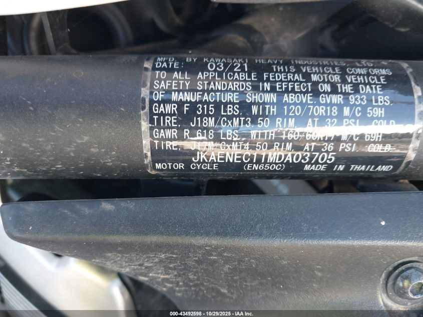 2021 Kawasaki En650 C VIN: JKAENEC11MDA03705 Lot: 43492598