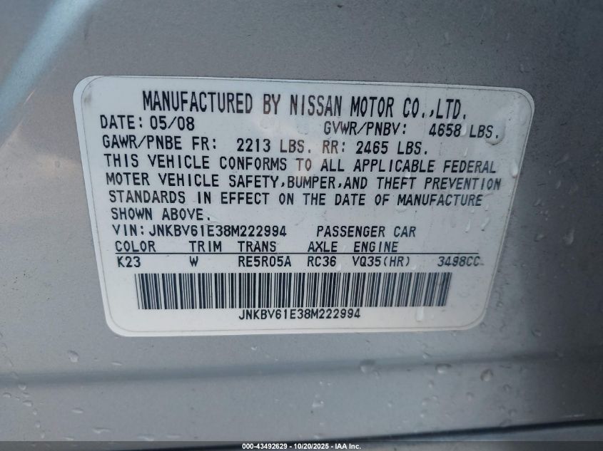 2008 Infiniti G35 Journey VIN: JNKBV61E38M222994 Lot: 43492629