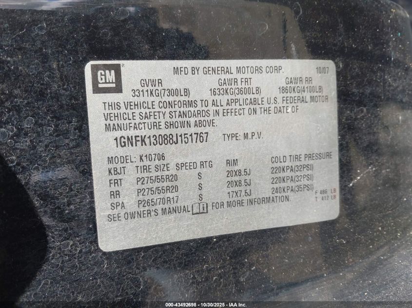 2008 Chevrolet Tahoe Ltz VIN: 1GNFK13088J151767 Lot: 43492698