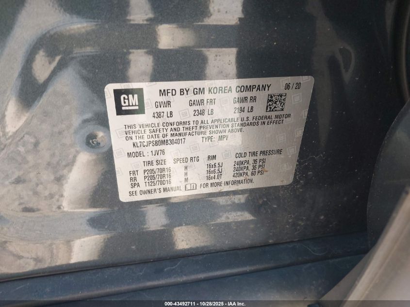 2021 Chevrolet Trax Awd Lt VIN: KL7CJPSB0MB304017 Lot: 43492711