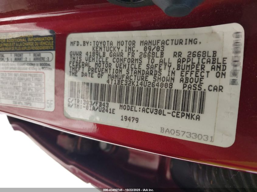 2004 Toyota Camry Le VIN: 4T1BE32K14U264008 Lot: 43492745