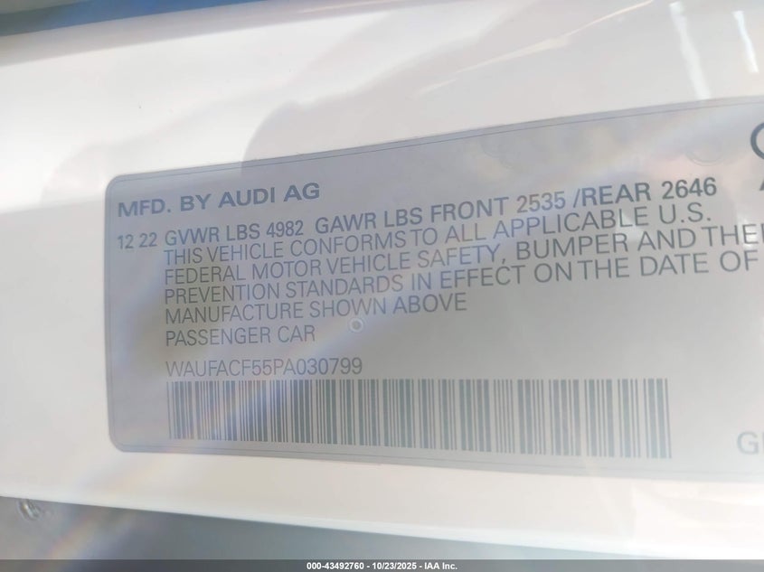 2023 AUDI A5 SPORTBACK PREMIUM PLUS 45 TFSI S LINE QUATTRO S TRONIC WAUFACF55PA030799