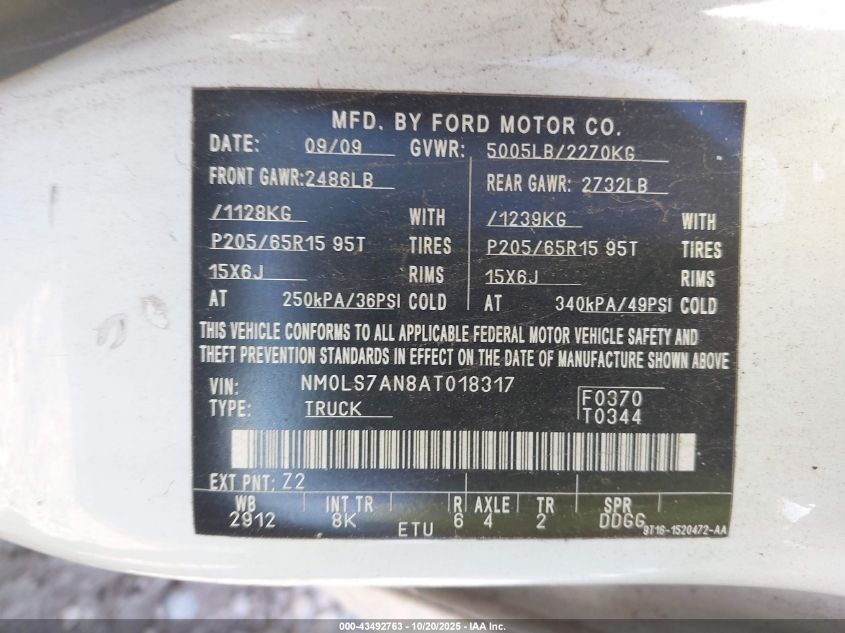 2010 Ford Transit Connect Xl VIN: NM0LS7AN8AT018317 Lot: 43492763