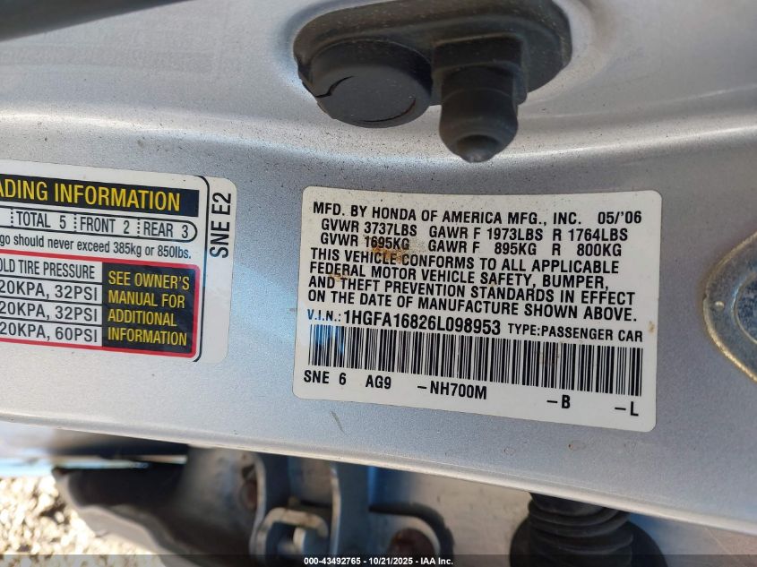 2006 Honda Civic Ex VIN: 1HGFA16826L098953 Lot: 43492765