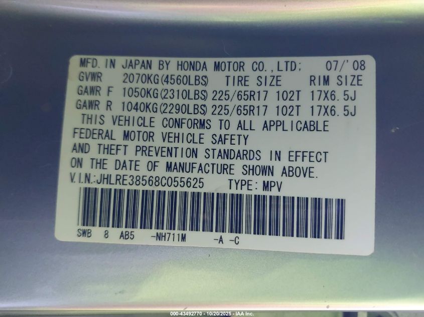 2008 Honda Cr-V Ex VIN: JHLRE38568C055625 Lot: 43492770