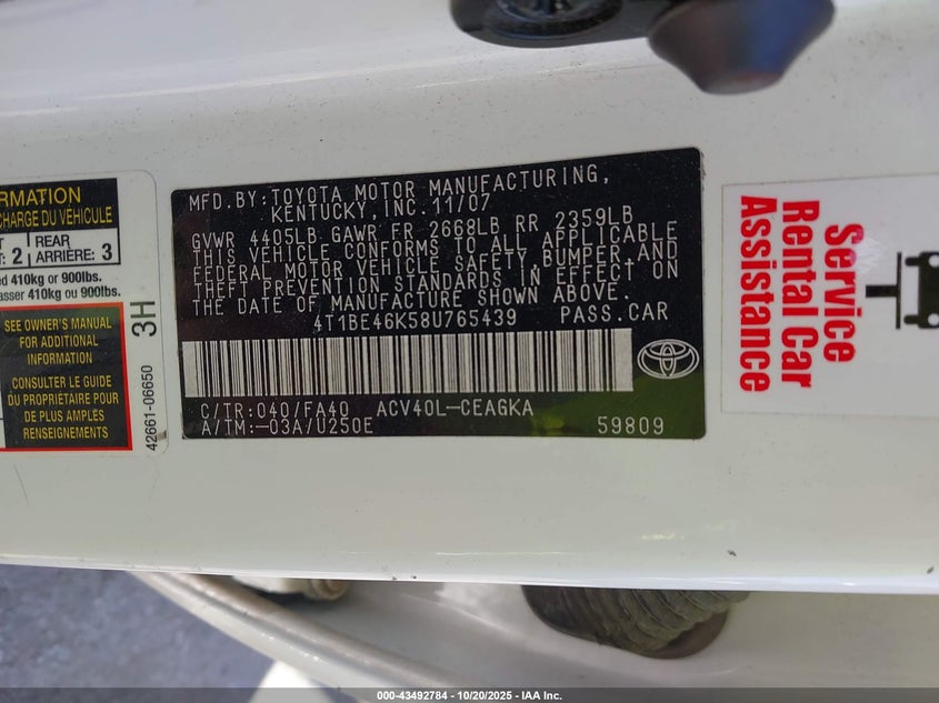 4T1BE46K58U765439 2008 TOYOTA CAMRY photo no. 9