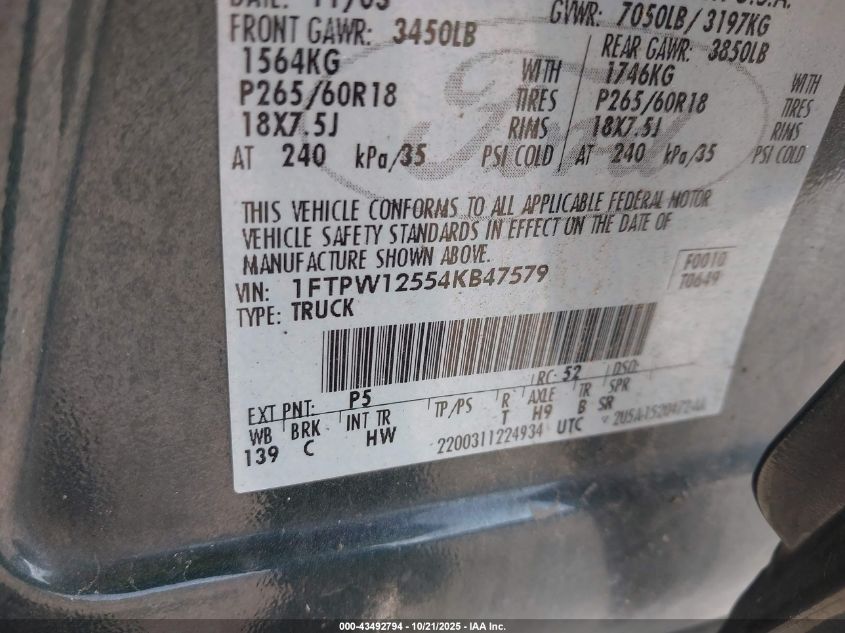 2004 Ford F-150 Lariat/Xlt VIN: 1FTPW12554KB47579 Lot: 43492794