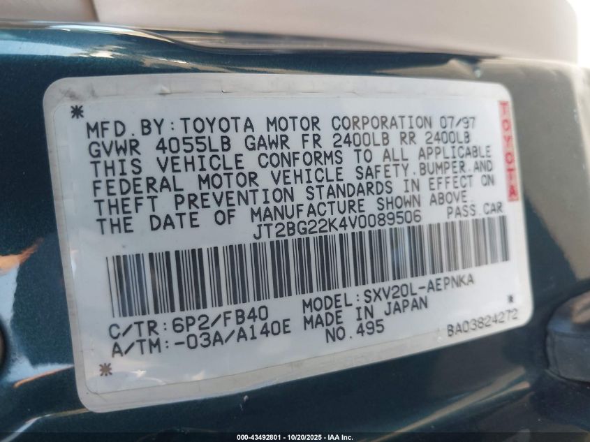 1997 Toyota Camry Le VIN: JT2BG22K4V0089506 Lot: 43492801