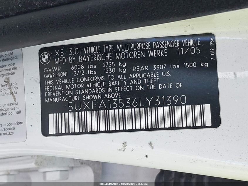 2006 BMW X5 3.0I VIN: 5UXFA13536LY31390 Lot: 43492903