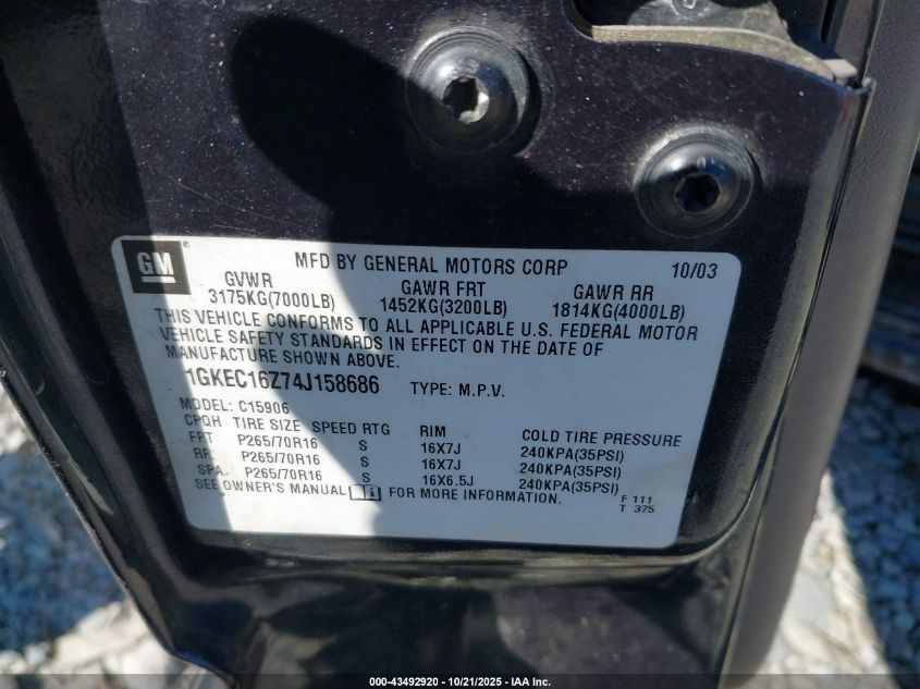 2004 GMC Yukon Xl 1500 Slt VIN: 1GKEC16Z74J158686 Lot: 43492920