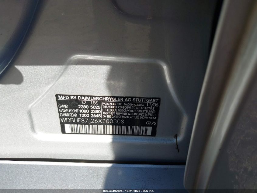 2006 Mercedes-Benz E 350 4Matic VIN: WDBUF87J26X200308 Lot: 43492924