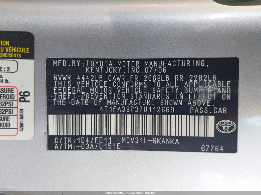 2007 Toyota Camry Solara Sport VIN: 4T1FA38P37U112669 Lot: 43492950