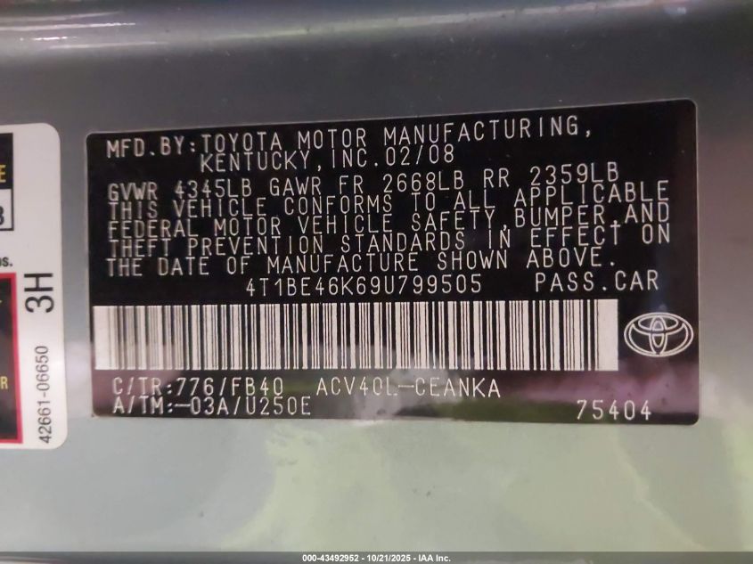 2009 Toyota Camry Le VIN: 4T1BE46K69U799505 Lot: 43492952