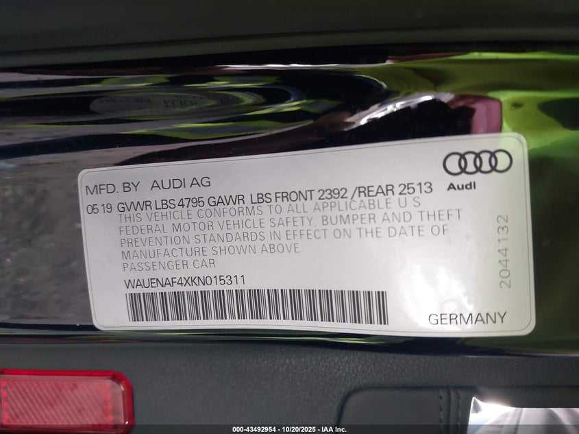 2019 AUDI A4 45 PREMIUM WAUENAF4XKN015311
