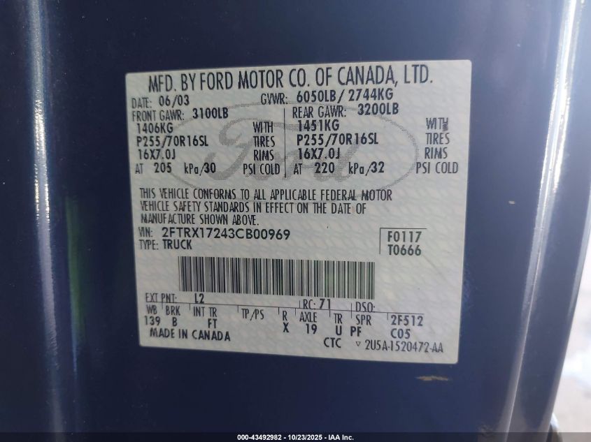 2003 Ford F-150 Xl/Xlt VIN: 2FTRX17243CB00969 Lot: 43492982